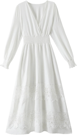 Women's Lace Maxi Dress Short Sleeve V Neck Party Dress Smocked Waist Boho Maxi Dress Bohemian Dress for Women Long Sleeve White Medium
