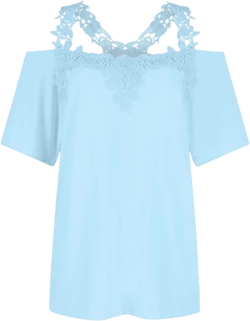 Lace Crochet Cold Shoulder Tops for Women 2025 Trendy Summer Short Sleeve Tunic Shirts Casual Loose Strappy Blouse Sky Blue Medium