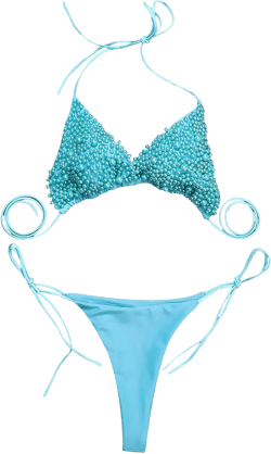 Womens Sexy Handmade Beaded 2PCS Bikini Set Tankini Bra String Swimsuit Two Piece Beaded Tie Back Halter Cheeky Bathing Suit Small Blue
