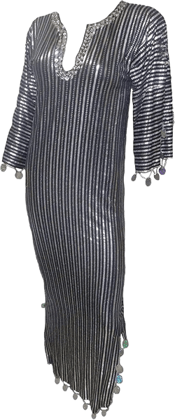 1Pcs Egyptian Belly Dance Nancy Stretchy Folkloric Dancing Outfit Galabeya Oriental Abaya Dress Costume Baladi Saidi Fallahi Sexy Sequins Handmade Bellydance Women (Black&Silver), One Size