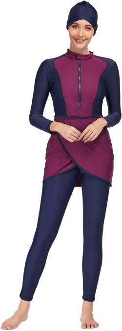 IWEMEK Muslim Swimsuits for Women Modest Islamic Hijab Burkini Long Sleeve Swimwear Full Coverage Bathing Suit 3 Pieces Set Large Purple+navy