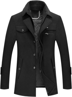 Maiyifu-GJ Men's Wool Blend Winter Pea Coat Stand Collar Single Breasted Trench Jacket Slim Fit Windproof Warm Overcoat Top 175 Black