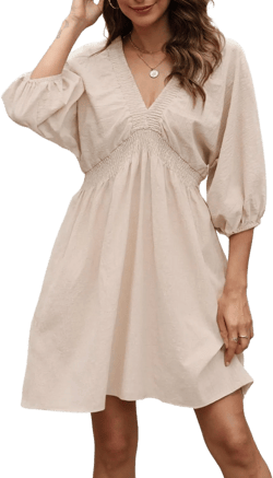 Ladyful Women's Cotton Linen Mini Dress V Neck 3/4 Sleeve Babydoll Short Flowy Dress Casual Loose Shift Tunic Dress Small Beige