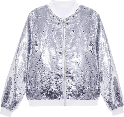 A ARFAR Women Sequin Jackets Flip Glitter Varsity Bomber Sparkly Coat Party Outwear Ladies Shiny Cloth Large Silver