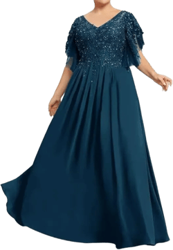 Women's V Neck Lace Applique Chiffon Mother of The Bride Dress Elegent Floor Length Formal Wedding Guest Dress 6 Tealblue