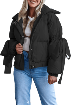 Tankaneo Womens Bow Puffer Jacket Winter Warm Cropped Quilted Jackets Baggy Short Down Coats Black Small