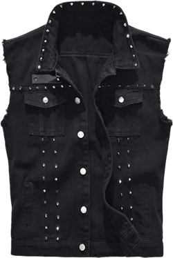 Mens Denim Vest Punk Rock Style Rivet Black Jeans Waistcoat Raw Edge Jacket