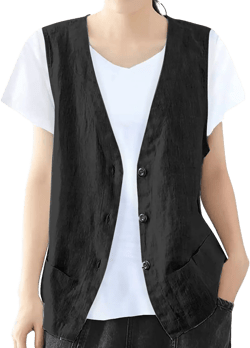 COTECRAM Cotton Linen Vest for Women 2023 Fashion Sleeveless Button Down Jacket Lightweight Summer Loose Vests Outerwear Small B Black