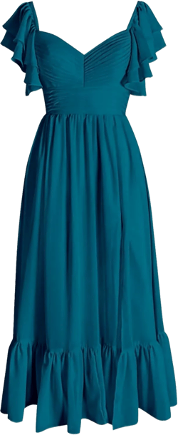 Peacock Bridesmaid Dresses for Women with Slit Ruffle Sleeves Chiffon Formal Wedding Guest Dresses for Juniors Ankle Length Size 16