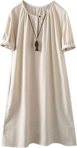Minibee Women's Cotton Linen Dress Short Sleeve Midi Casual Plus Size Tunic Dress with Pockets X-Large Beige