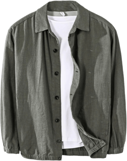 GIBZ Casual Jacket Linen for Men Lightweight Thin Coat with Collar Button Down Shirt Long Sleeve for Summer Spring Olive Green X-Small