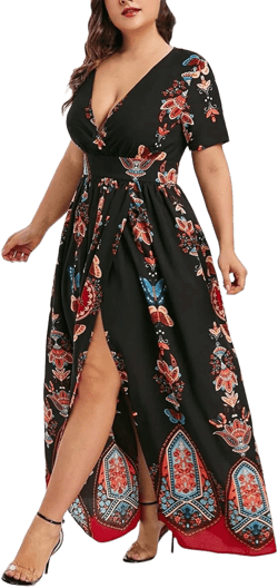 Plus Size Dresses for Curvy Women,2024 Spring Summer Elegant Wrap V Neck Bodycon Maxi Dress,Trendy Vintage Floral Print Short Sleeve Boho Dress,Flowy Ruched High Slit Beach Dress(D-Black,3XL)