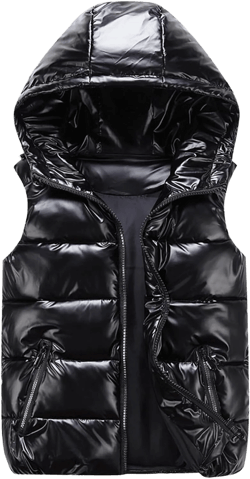 HGps8w Women's Metallic Luster Shiny Puffer Vest, Sleeveless Zip Up Hooded Coat Winter Warm Padded Gilet Jacket With Pockets XX-Large 01 Black