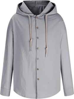 Generic Mens Button Down Linen Shirt Drawstring Hooded Shirt Long Sleeve Lightweight Shirt Casual formal Shirt Business Shirt 04-gray X-Large