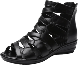 AngryMonkey Women Black Leather High Top Gladiator Sandals,Summer Peep Toe Hollow Back Zipper Dressy Flat Roman Sandals Wedges Sandals 8 Black