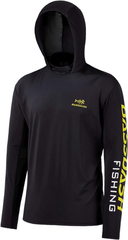 BASSDASH UPF 50+ Men’s UV Sun Protection Long Sleeve Performance Fishing Hoodie Hooded Shirts Small Black/Yellow Logo