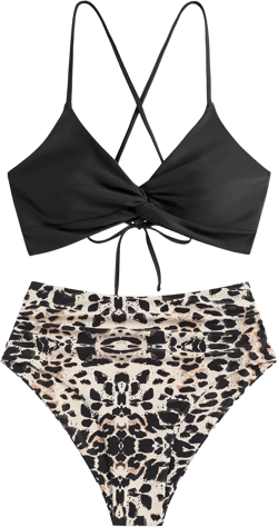 ZAFUL Twist High Waisted Bikini for Women Cross Lace Up Bathing Suit Ruched Bikini Swimsuits Tummy Control Swimwears Z-leopard Black X-Large