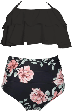 Kids Little Girls Swimsuit Two Piece Bikini Set Ruffle Flounce Floral Swimwear Tankini Bathing Suits Beach 10-12 Years Black