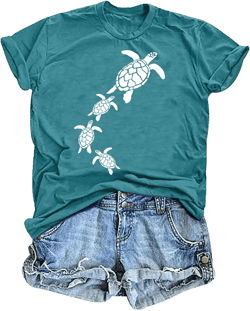 Sea Turtle Shirt Women Summer Beach Graphic T-Shirt Funny Turtle Graphic Tee Shirts Hawaiian Vacation Tee Tops XX-Large Cyanblue