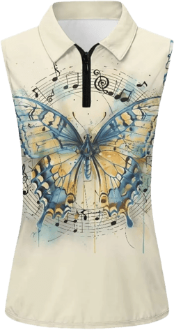 SEANATIVE Tennis Sleeveless Shirts for Women V-Neck Tank Tops with Collared Shirt Breathable Activewear Butterfly Music X-Large