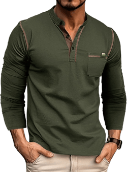 Men's Casual Henley Shirts Classic Short/Long Sleeve Cotton T-Shirt Lightweight Basic Top 3X-Large Ls Green