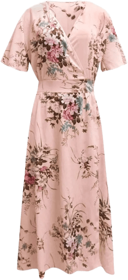 Plus Size Wedding Guest Dress for Curvy Women 2024 Summer Casual Boho Floral Maxi Wrap Dress Empire Waist with Pocket 5X-Large 02-pink