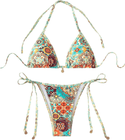 WDIRARA Women's 2 Piece Boho Swimsuits Floral Print Halter String Triangle Bikini Set Beach Bathing Suit Green Red Multi X-Small