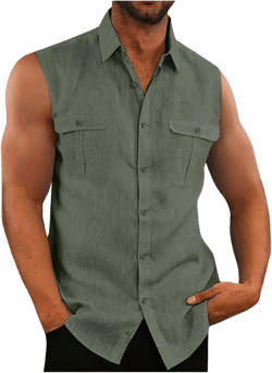 Xiaojmake Mens Summer Tank Tops Sleeveless Button Down Dress Shirts Collared Basic Cotton Linen T-Shirts Vest with Pockets