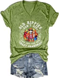 Old Hippies Don't Die Grandma Shirt V Neck Short Sleeve Vintage Fun Graphic Tee Shirts Top Green XX-Large