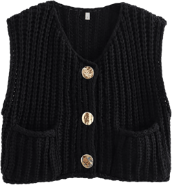 Wyeysyt Sweater Vest Women Sleeveless Crop Knit Cardigan Casual Button Down Cropped Knitted Sweater Vest with Pockets Black Large