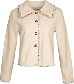 Womens Fleece Cropped Jacket Coat Button Long Sleeve Doll Collar Floral Trim Lightweight Shacket Outerwear Apricot X-Large