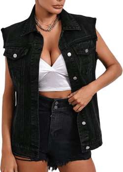 WDIRARA Women's Raw Trim Sleeveless Jean Vest Button Down Casual Denim Vest Jacket Black Solid Large at Amazon Women's Coats Shop
