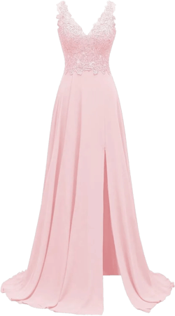 Rjer Chiffon Lace Applique Bridesmaid Dresses V Neck A Line Elegant Long Formal Evening Gowns with Slit 6 Pink