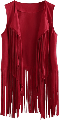 Ladies Fringe Coat Women Faux Suede Vest Long Sleeveless Jacket Solid Color Cardigan Tassel Vest Plus Size Medium Red