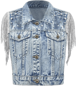 Women's Pearls Beading Denim Vest Sleeveless Sequin Fringe Jean Vest Western Cowgirl Outfit Tops X-Large Light Blue