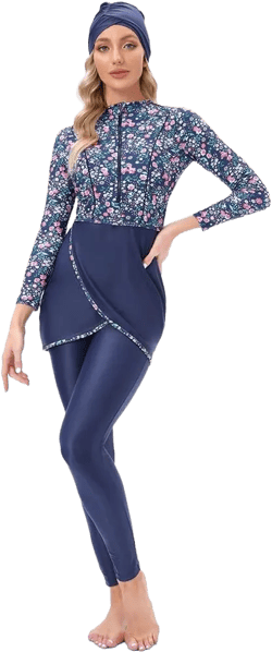 Burkini Swimsuits for Women Modest Muslim Swimsuit Islamic Long Sleeve Burkini Full Cover Hijab Top Pants ​Bathing Suit 3X-Large Navy Blue + Pink Floral