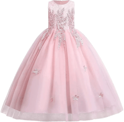 MYRISAM Girls Embroidered Lace Flower Dress Sleeveless Wedding Party Prom Princess Birthday Pageant Evening Long Tulle Gown 9-10 Years Pink