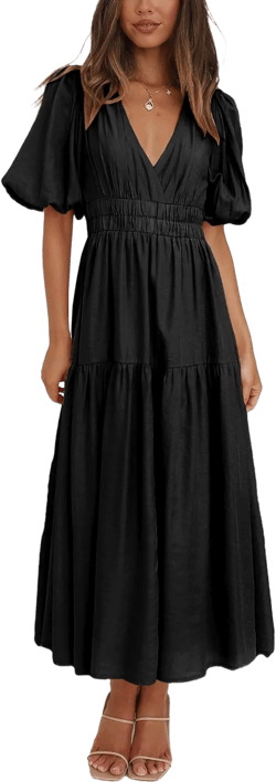 Woolicity Womens Summer Maxi Dress Wrap V Neck Short Sleeve Beach Flowy Long Dresses Black XXL