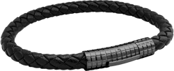 555Jewelry Stainless Steel Ribbed Clasp Braided Black Leather Bracelet for Men Black 7.5 Inches