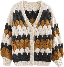 CHICWISH Women's Cream/Smoke Color Blocked Puff Sleeves V-Neck Hand-Knit Chunky Cardigan X-Large Smoke