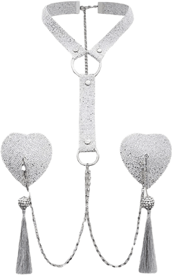 Reusable Pasties Tassel Nipple Stickers with Choker Faux Leather Rhinestone Chain Heart Nipple Cover Sex Body Chain
