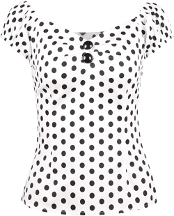YARN & INK Women's Rockabilly Tops 1950s Pinup Shirt Casual Off Shoulder Vintage Blouse Large Polka Dot White