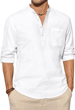 J.VER Men's Linen Roll Up Long Sleeve Shirt Cotton Casual Beach Shirts Henley T-Shirt Band Collar Vacation Tops with Pocket