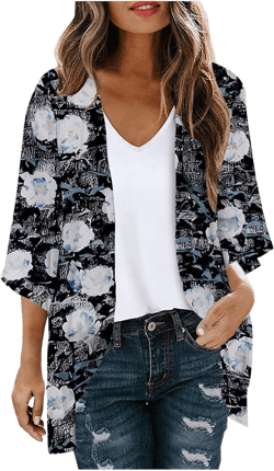 Summer Lightweight Cardigan for Women 3/4 Sleeve Chiffon Kimono Shrug Beach Cover Ups Boho Floral Swimsuit Coverup