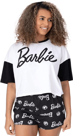 Barbie Womens Pajama Set | Ladies White Cropped T-Shirt & Black Elasticated Shorts Complete PJs | Fashion Doll Sleepwear X-Large Black
