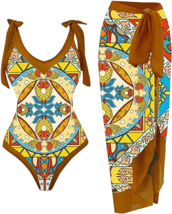 Today on Clearance Women's One Piece Swimsuit with Matching Cover Ups Wrap Skirt Sarong Retro Floral Print Two Piece Bathing Suit Swimsuits for Women 2023 Brown S