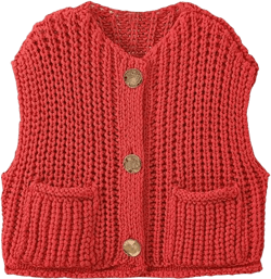 SHENHE Women's Plus Size Crochet Chunky Knit Button Up Cropped Sweater Vest Cardigan with Pockets Red 3X-Large Plus