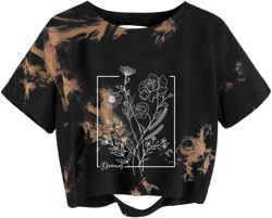 Avanova Women Tie Dye Floral Graphic Distressed Crop Top Oversized Short Sleeve Ripped Tee Shirt Tie Dye Brown Floral Small
