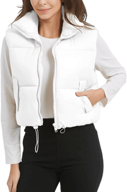 Kissonic Womens Winter Cropped Puffer Vest Sleeveless Padded Lightweight Puffy Vest with Pockets White Medium