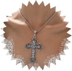 Gothic Big Cross Pendent Necklace Exaggerated Filigree Cross Necklace Oversized Cross Choker Necklace Silver Italian Chain Necklace Jewelry for Women